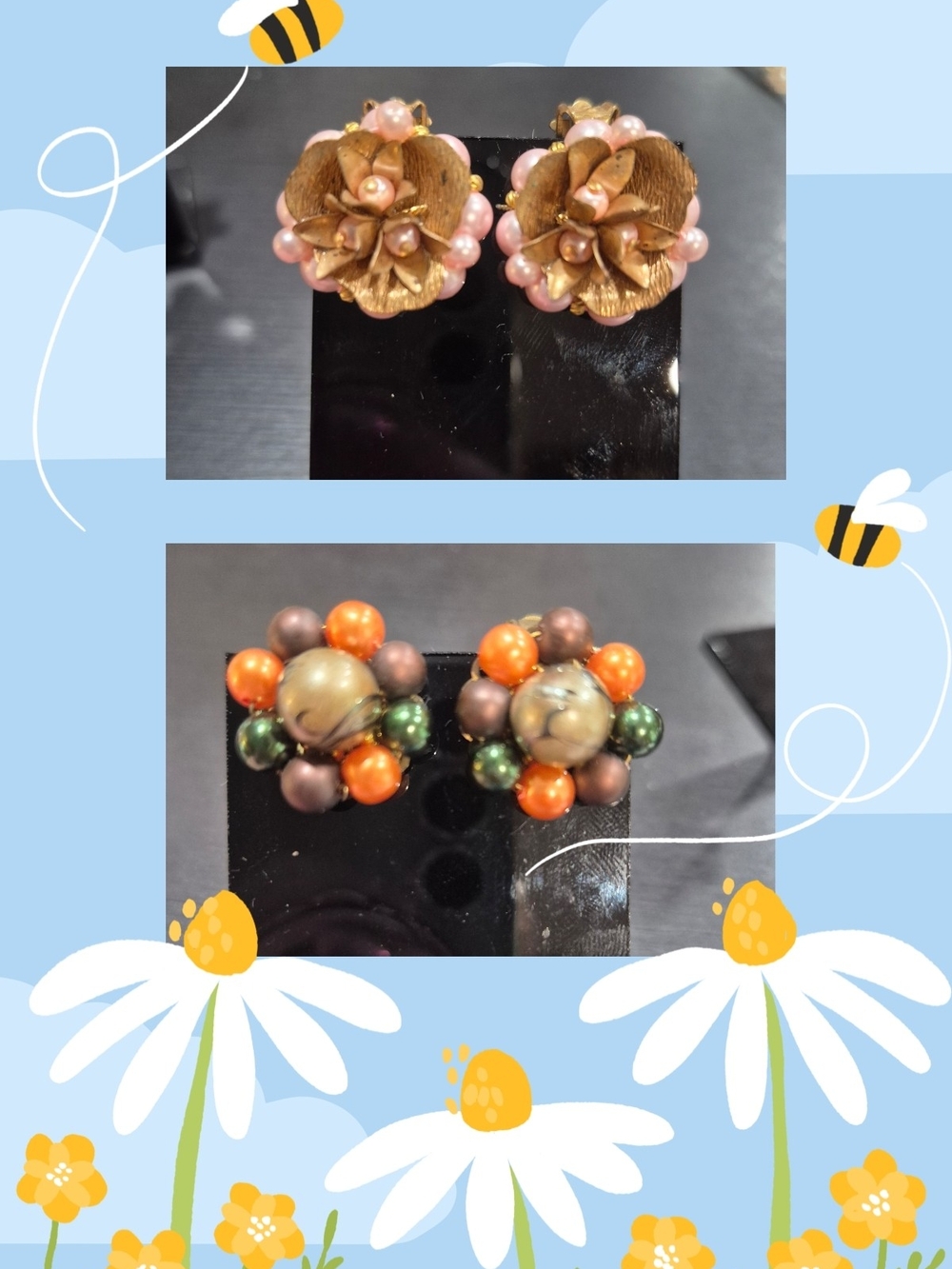 Vintage Gold/Pink Floral Cluster and Japan Faux Pearl Cluster Clip Ons